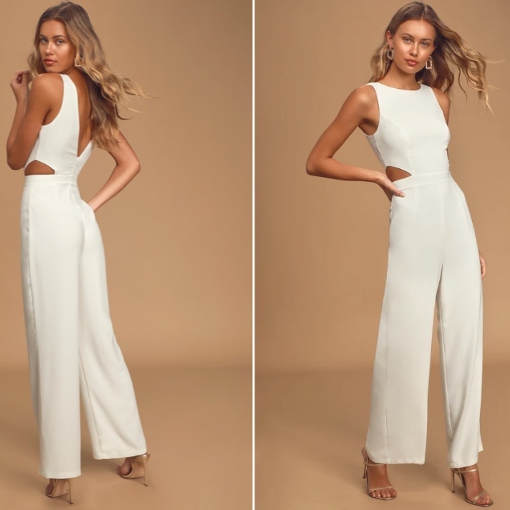 LULU's Wedding Bridal Shower Engagement Chic White Modern Jumpsuit Pantsuit